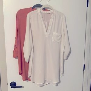 Qty. 2 - Lush Roll Tab Sleeve Tunic Blouse- Coral and Ivory